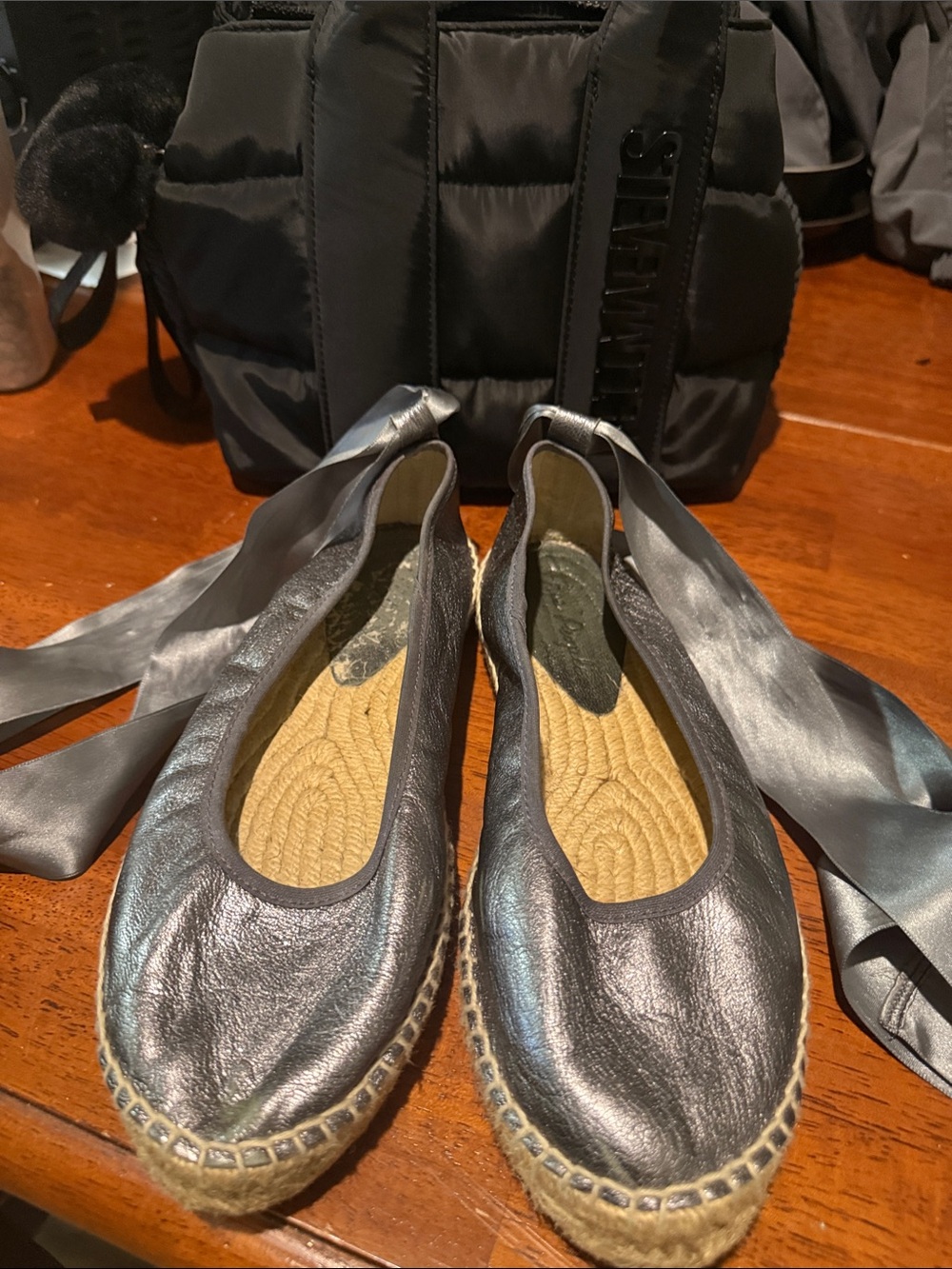 Free people “Maya” Metallic Silver Espadrille Flats with Ribbon Ties